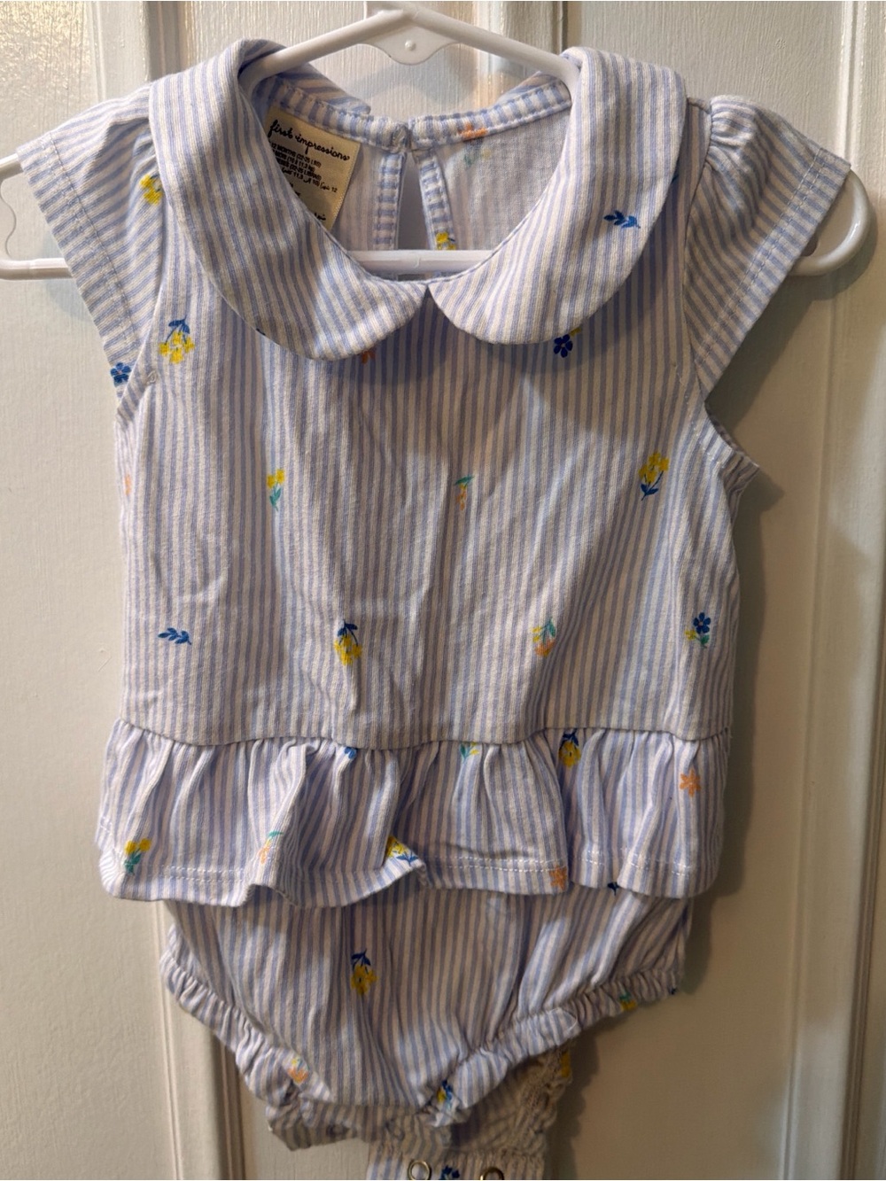 First Impressions Light Blue & White Striped Floral Peter Pan Collar Romper